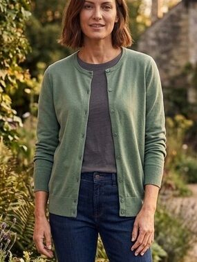 Lands End Womens Green Cotton Cardigan Sweater Size XL 18 Crewneck Classic